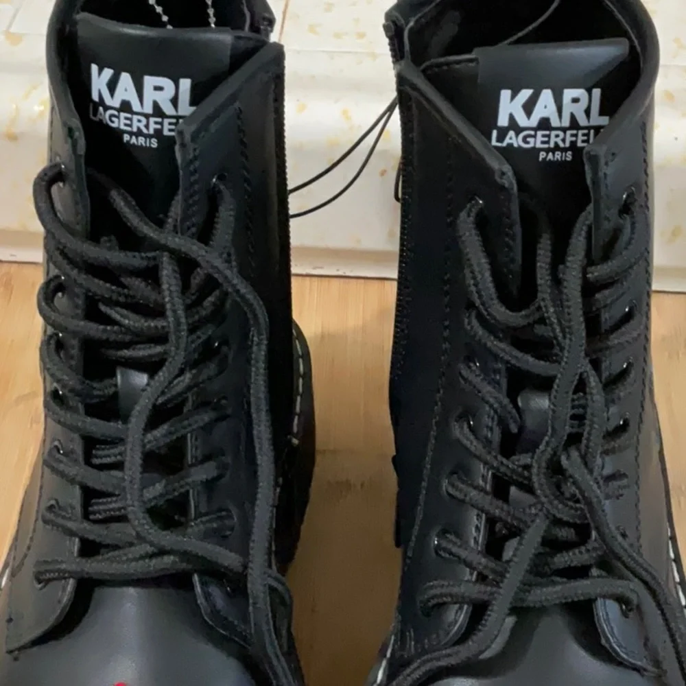 Karl Lagerfeld Black Combat Boots with Red Accents - Picture 3 of 11